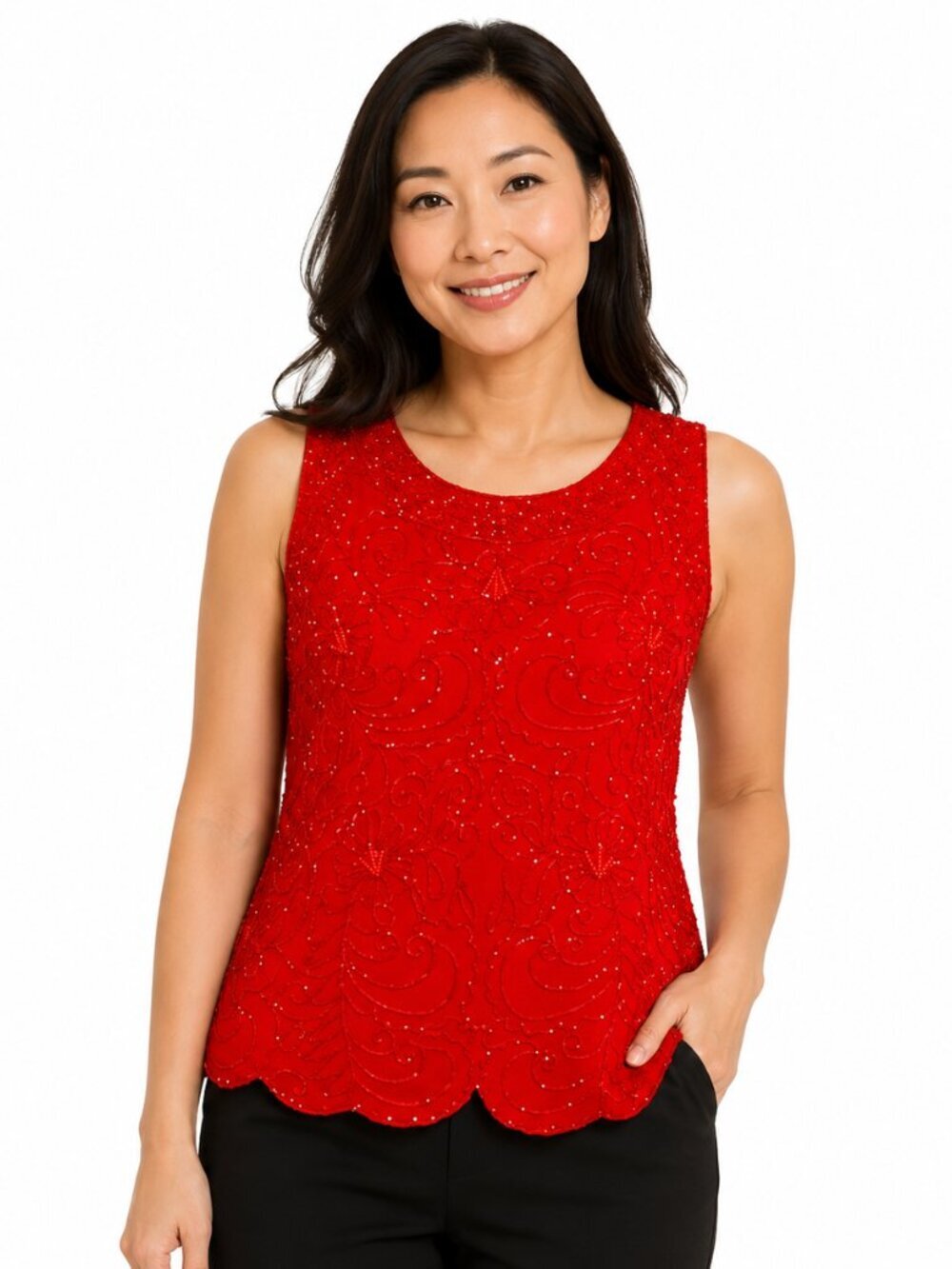 JMD NEW YORK 🔴Red Beaded Sleeveless Blouse - M